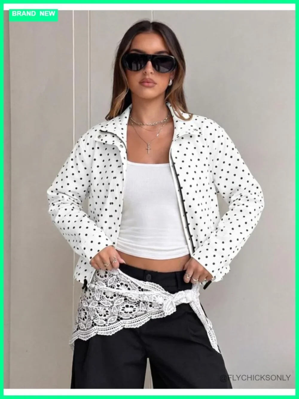 Women's Polka Dot Cropped Jacket Full Zip Funnel Neck Pockets